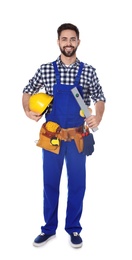 Photo of Full length portrait of construction worker with tool belt on white background