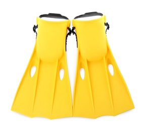 Photo of Pair of yellow flippers on white background, top view