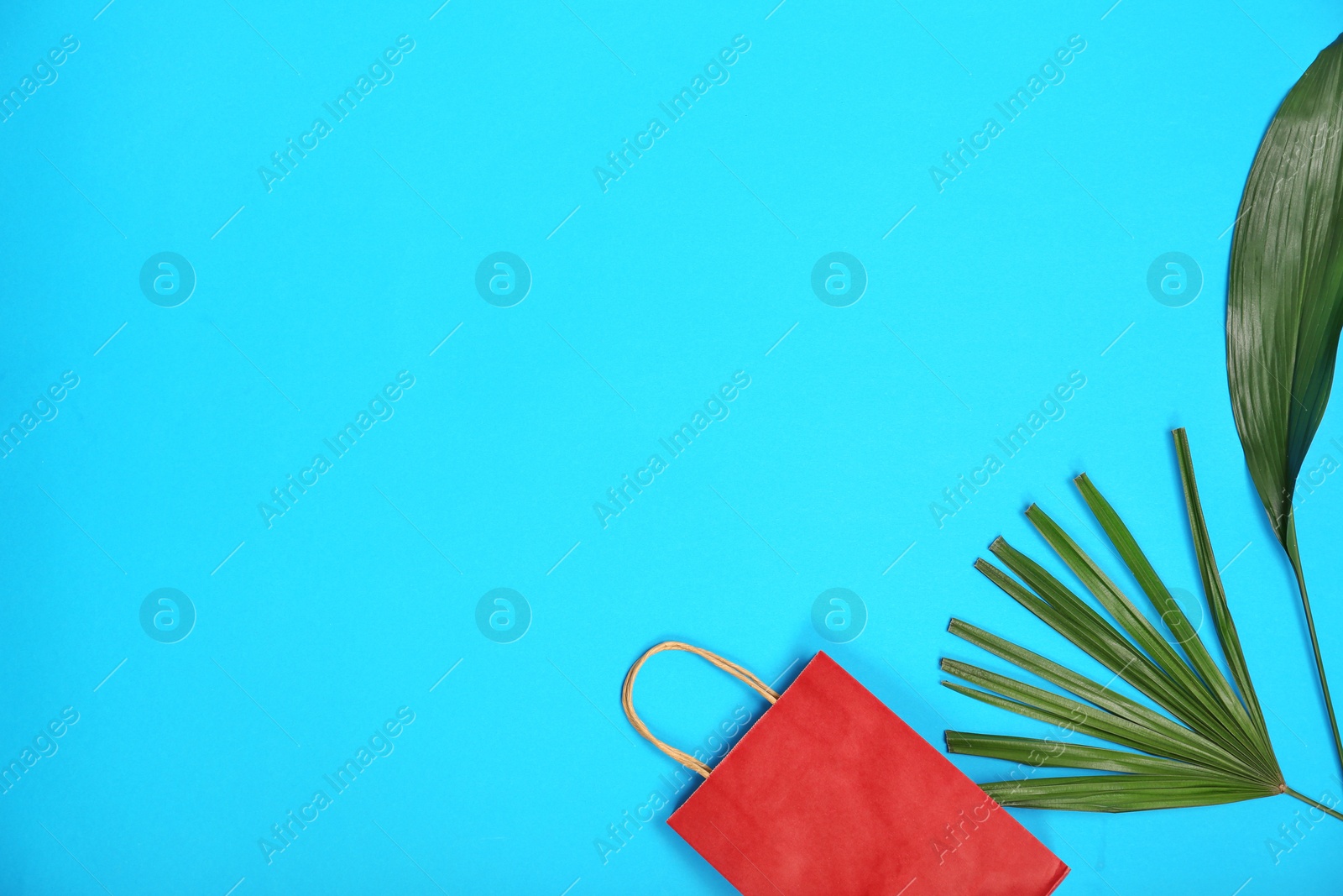 Photo of Stylish flat lay composition with shopping bag and tropical leaves on color background