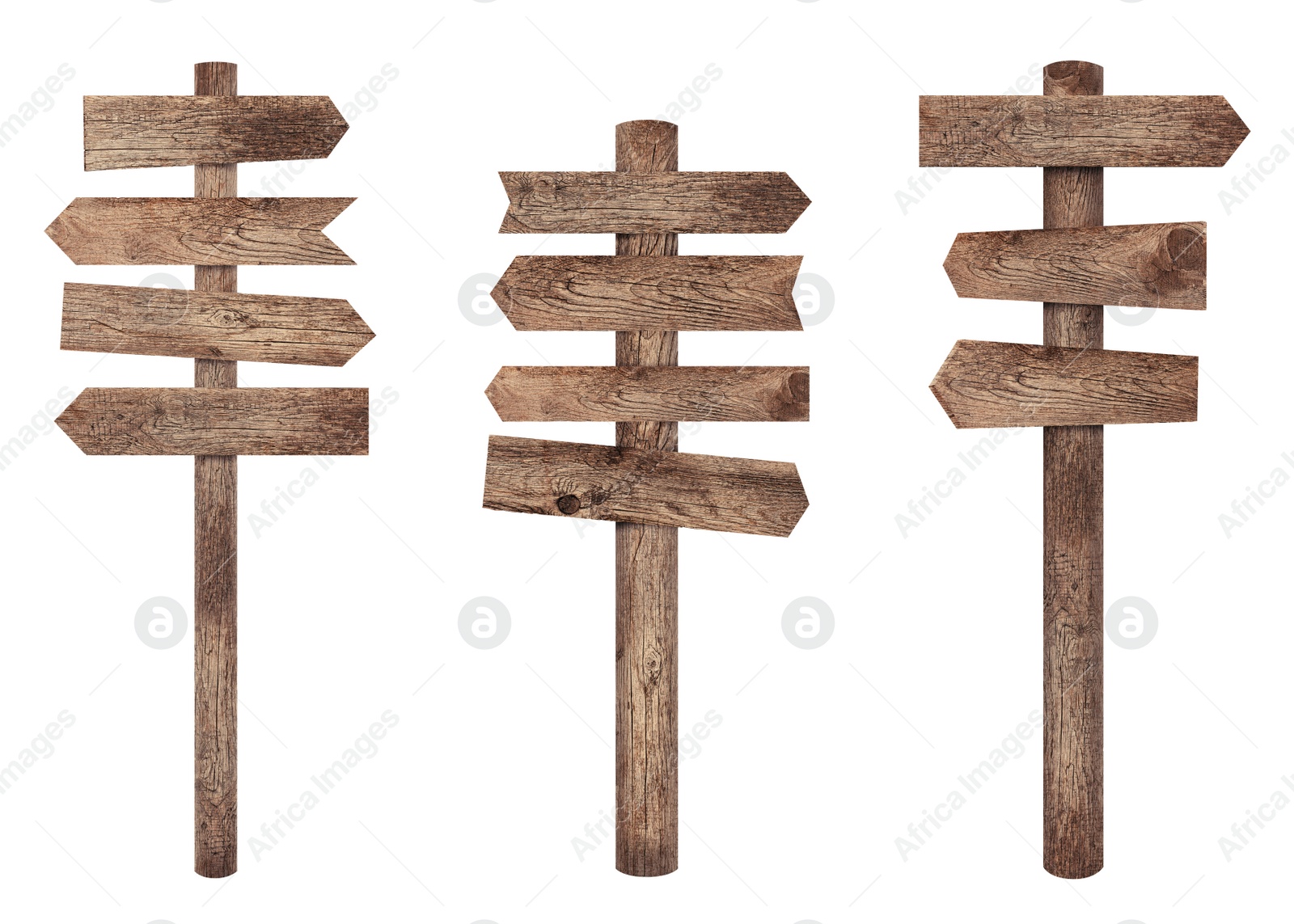 Image of Empty wooden road signs on white background