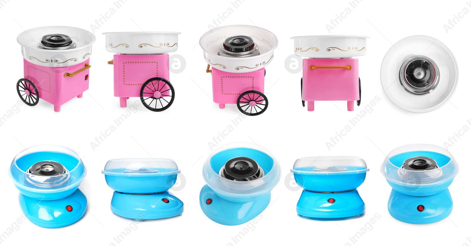 Image of Collage with portable candy cotton machines isolated on white, different sides