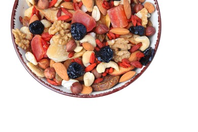 Photo of Bowl with mixed dried fruits and nuts isolated on white, top view