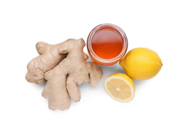 Photo of Honey, lemon and ginger for cough treatment. Cold remedies on white background, top view