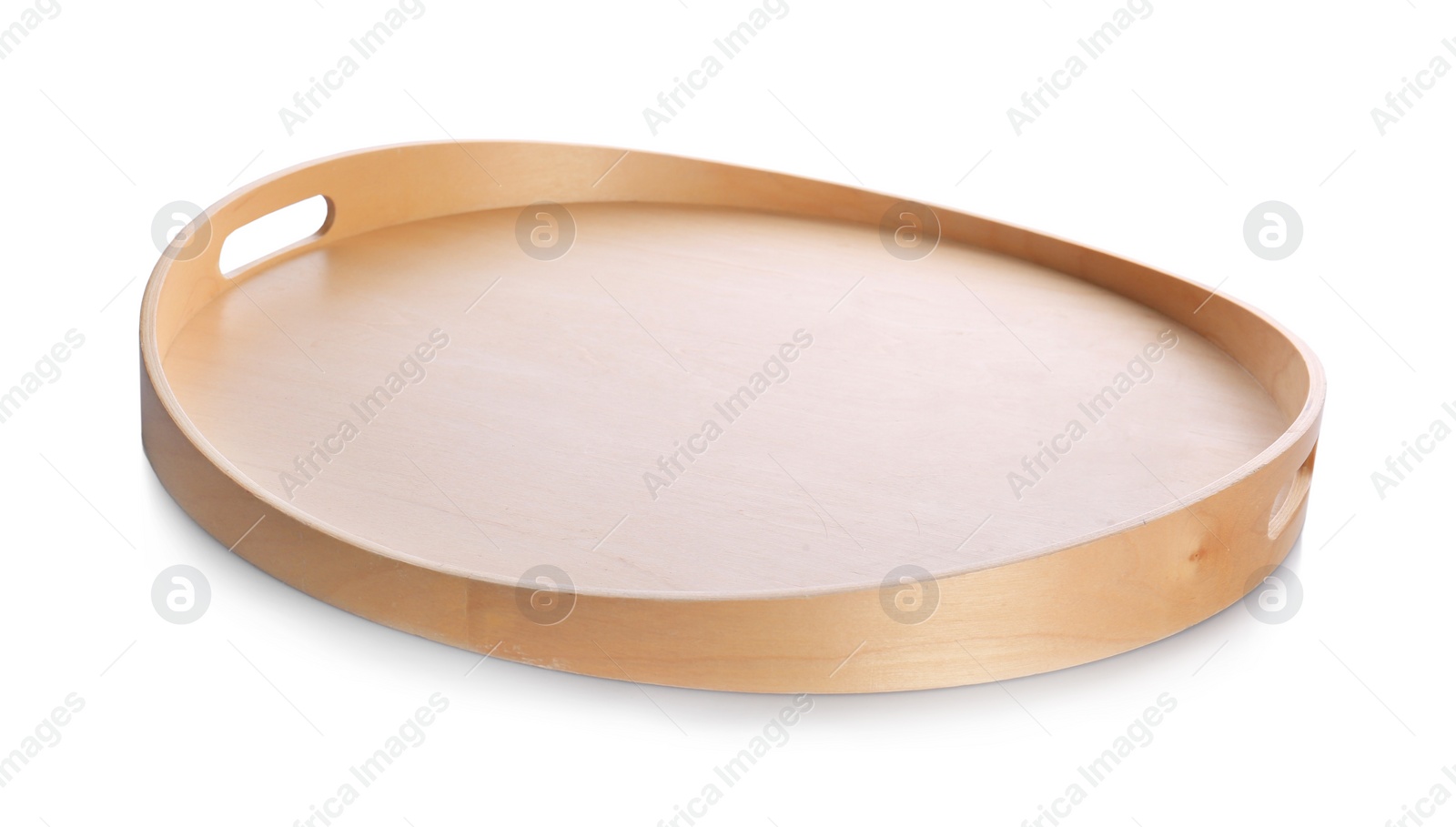 Photo of One empty wooden tray isolated on white