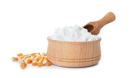 Photo of Bowl with corn starch and scoop on white background