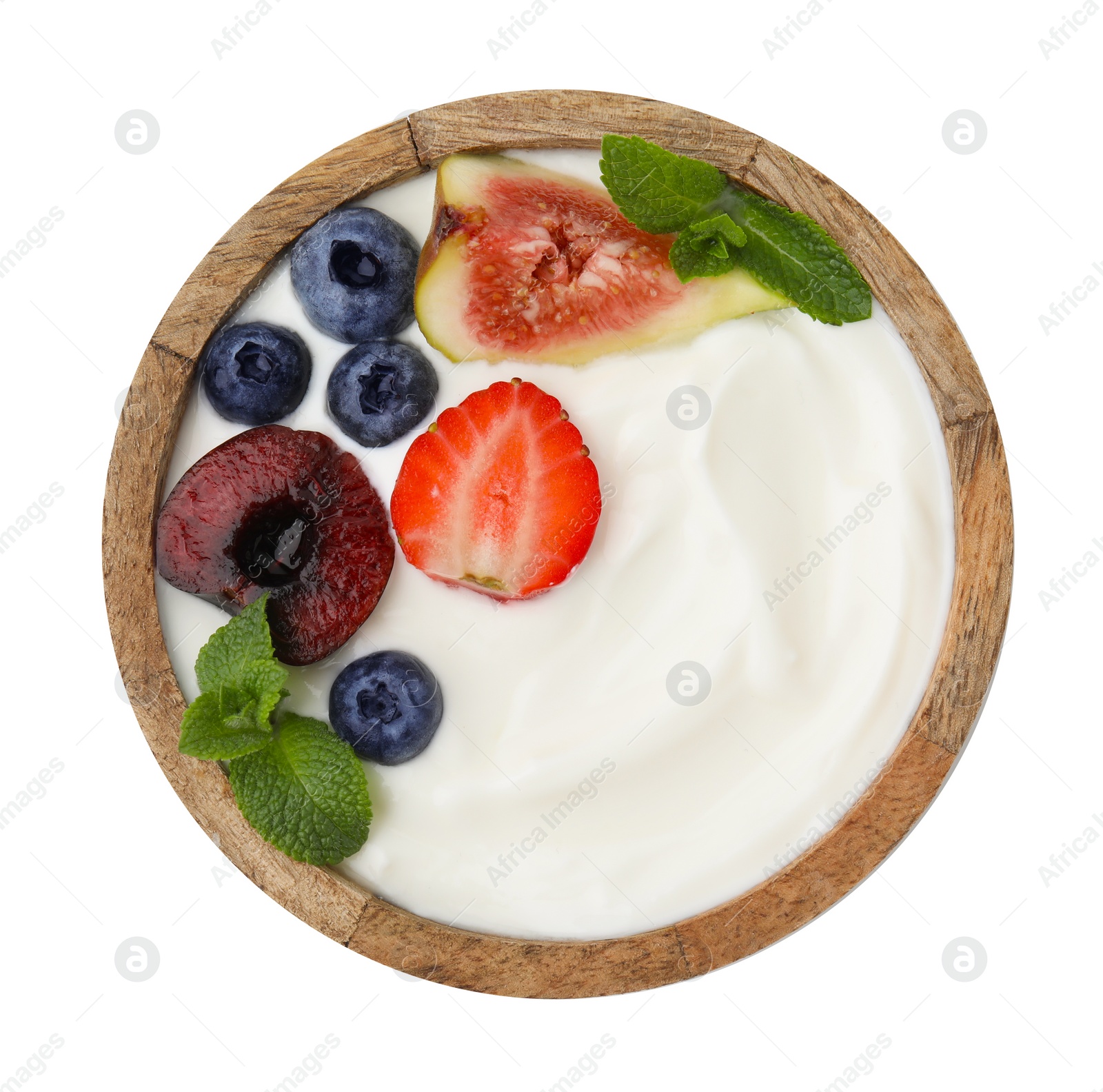 Photo of Bowl with yogurt, berries, fruits and mint isolated on white, top view