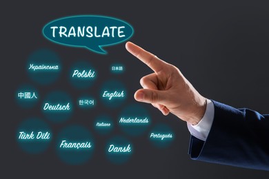 Image of Translator pointing at virtual screen with names of different languages on grey background, closeup