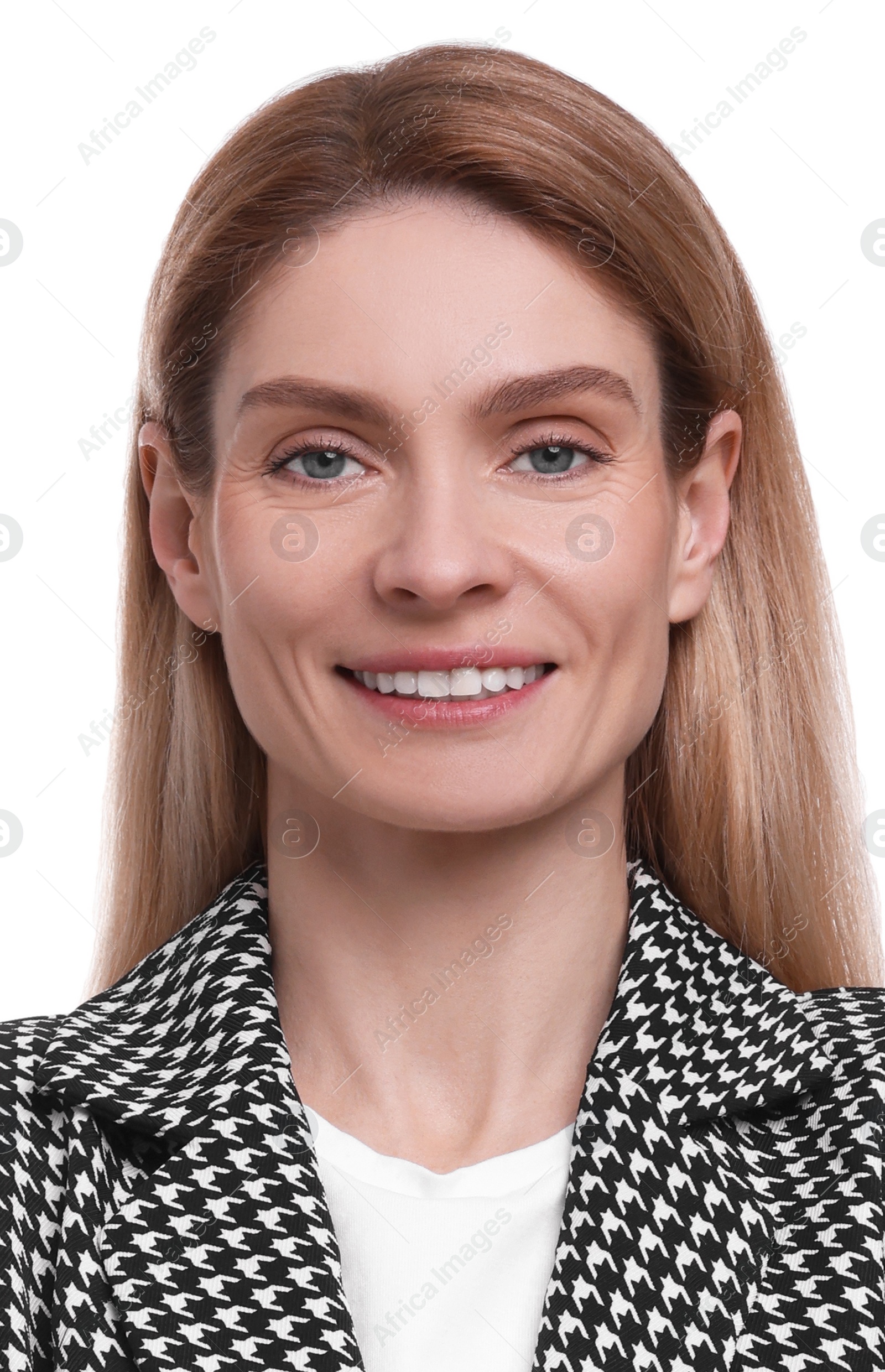 Image of Passport photo. Portrait of woman on white background