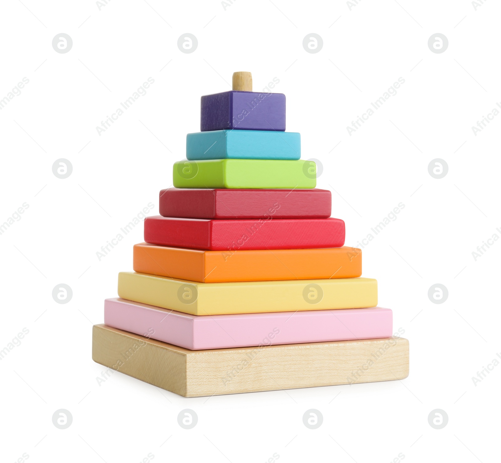 Photo of Colorful wooden toy pyramid isolated on white