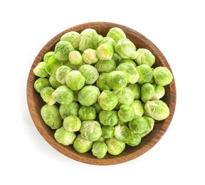 Photo of Bowl of fresh Brussels sprouts isolated on white, top view