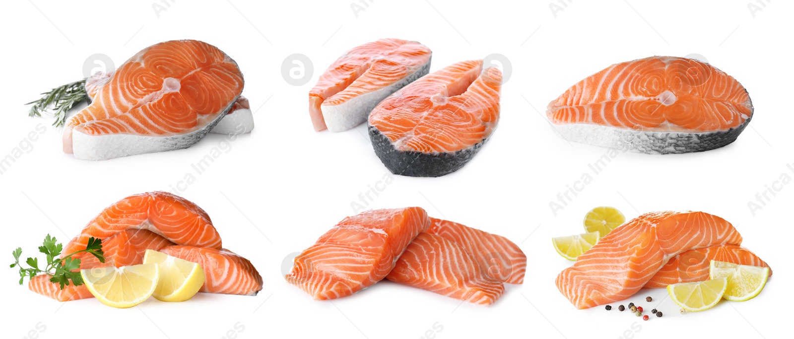 Image of  Set of fresh raw salmon on white background. Fish delicacy