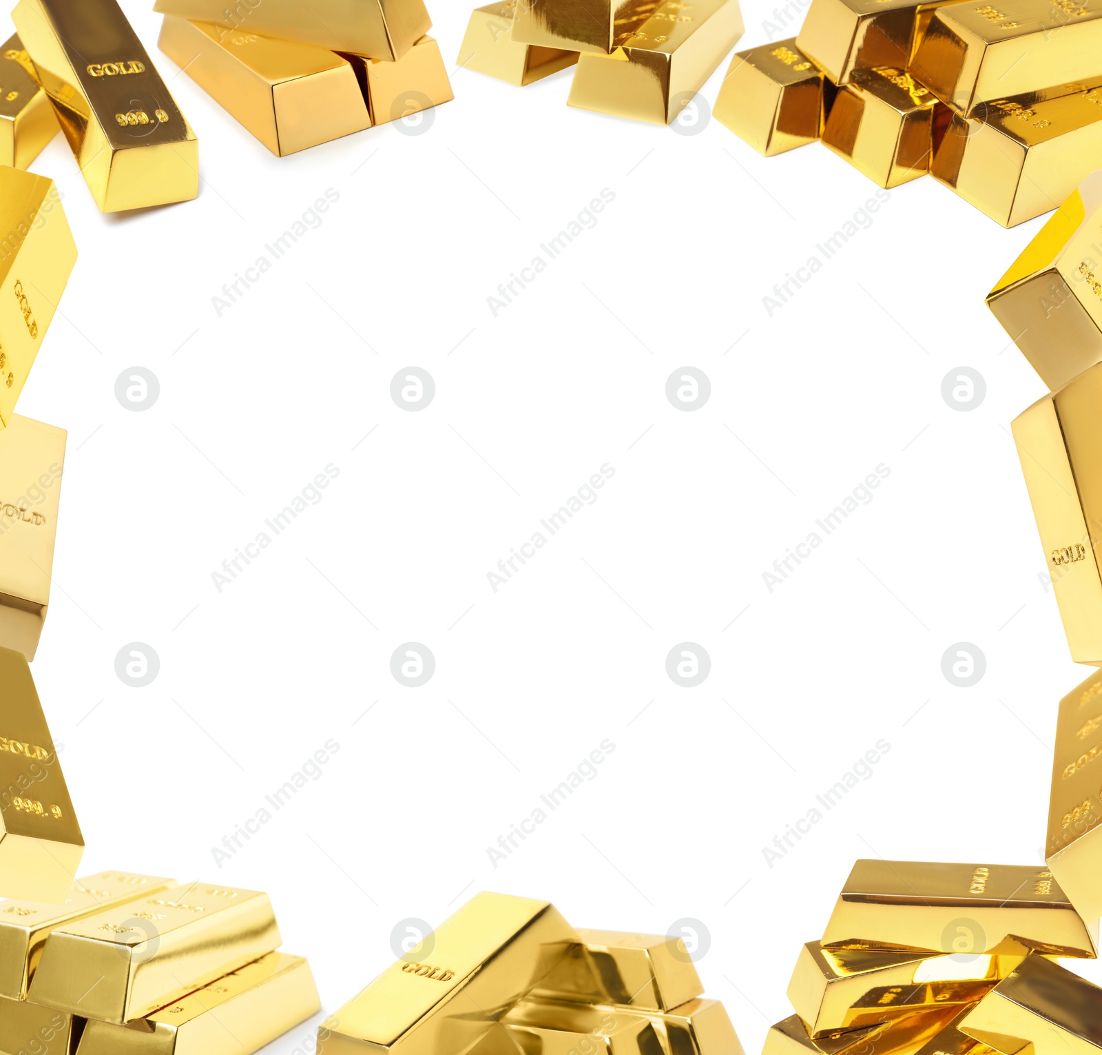 Image of Frame made of shiny gold bars on white background. Space for text