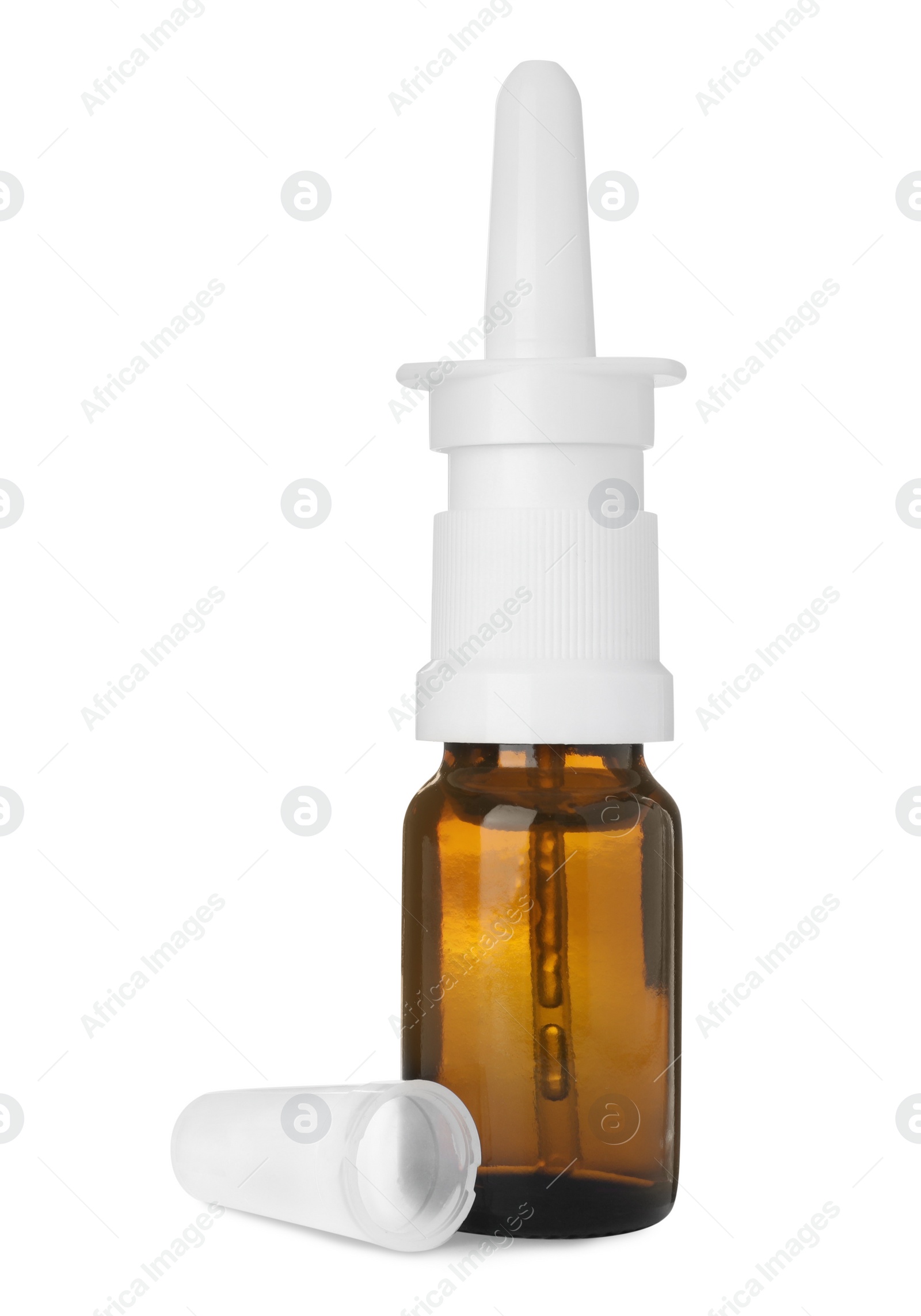 Photo of Bottle of nasal spray isolated on white