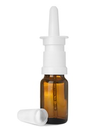 Photo of Bottle of nasal spray isolated on white