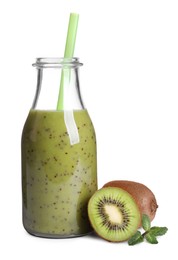 Photo of Delicious kiwi smoothie and fresh fruits on white background