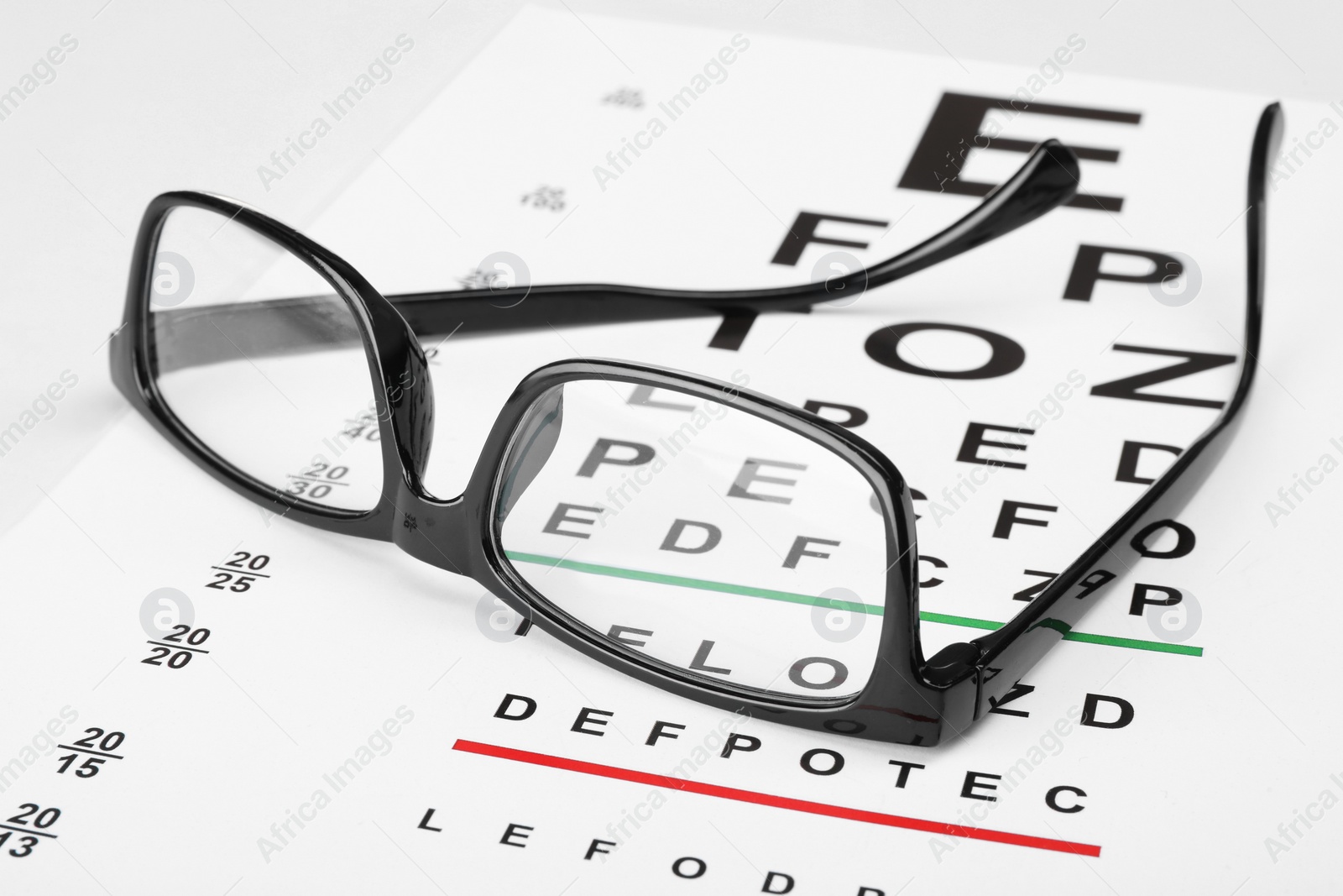 Photo of Glasses on vision test chart, closeup view