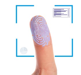 Image of Man using biometric fingerprint scanner on white background, closeup