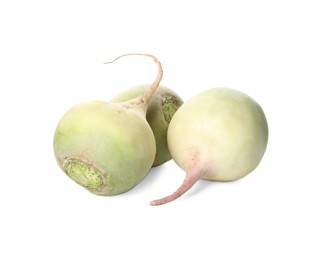 Photo of Whole fresh ripe turnips on white background