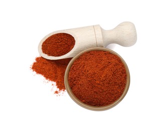 Scoop and bowl with aromatic paprika isolated on white, top view