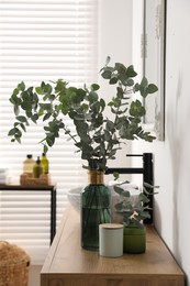 Beautiful eucalyptus branches near vessel sink on bathroom vanity. Interior design