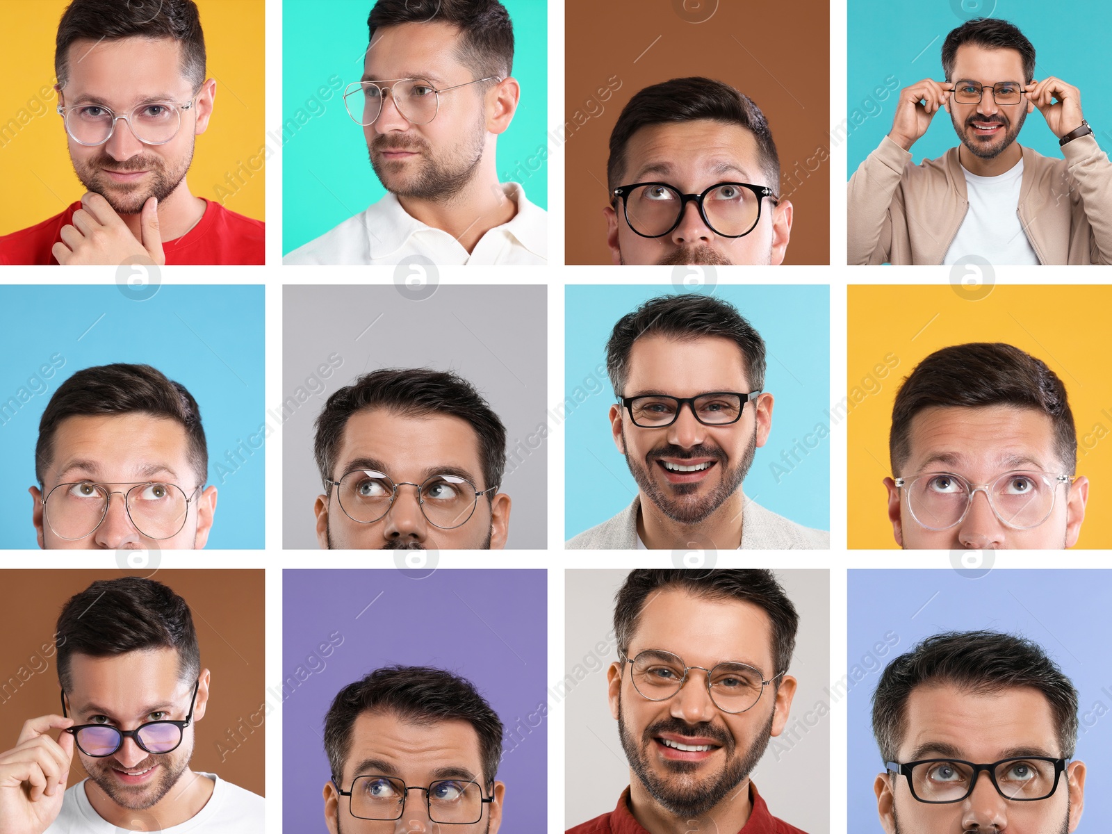 Image of Men in glasses on different backgrounds, collection of photos