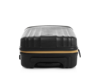 Photo of Black suitcase for travelling on white background