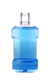 Bottle with mouthwash for teeth care on white background