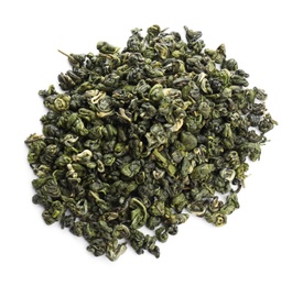 Photo of Pile of dried green tea leaves on white background, top view