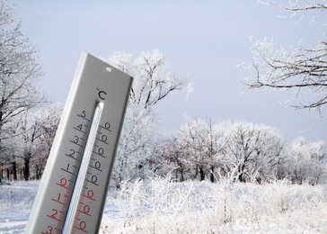 Image of Weather thermometer and view of snowy forest, space for text