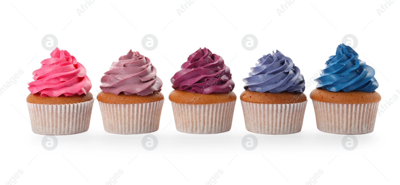 Photo of Different delicious colorful cupcakes on white background