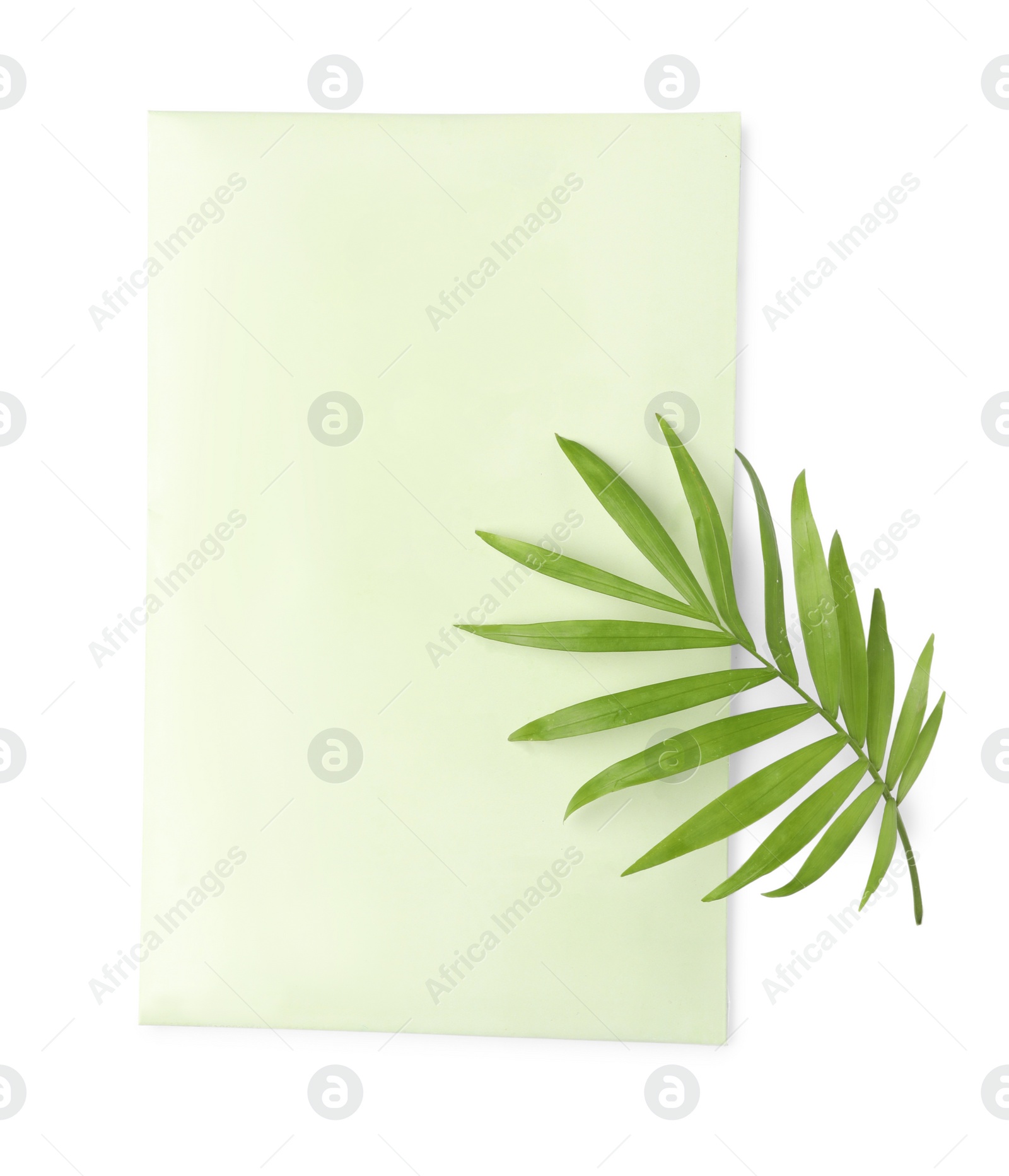 Photo of Scented sachet and green leaf on white background, top view