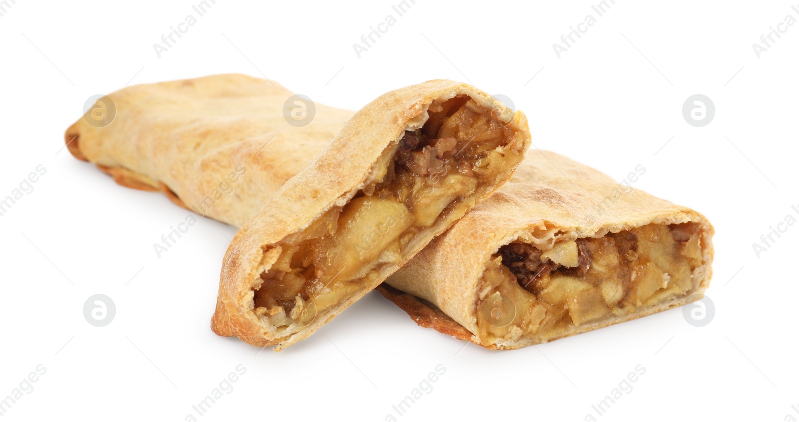 Photo of Delicious strudel with apples and nuts isolated on white