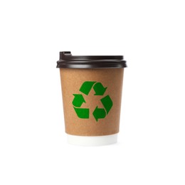 Takeaway paper coffee cup with recycling symbol on white background