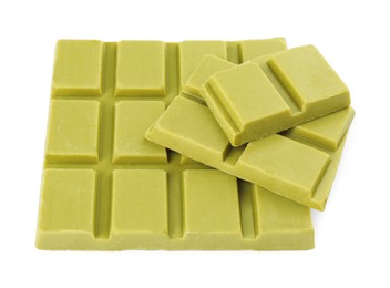 Pieces of tasty matcha chocolate bar isolated on white
