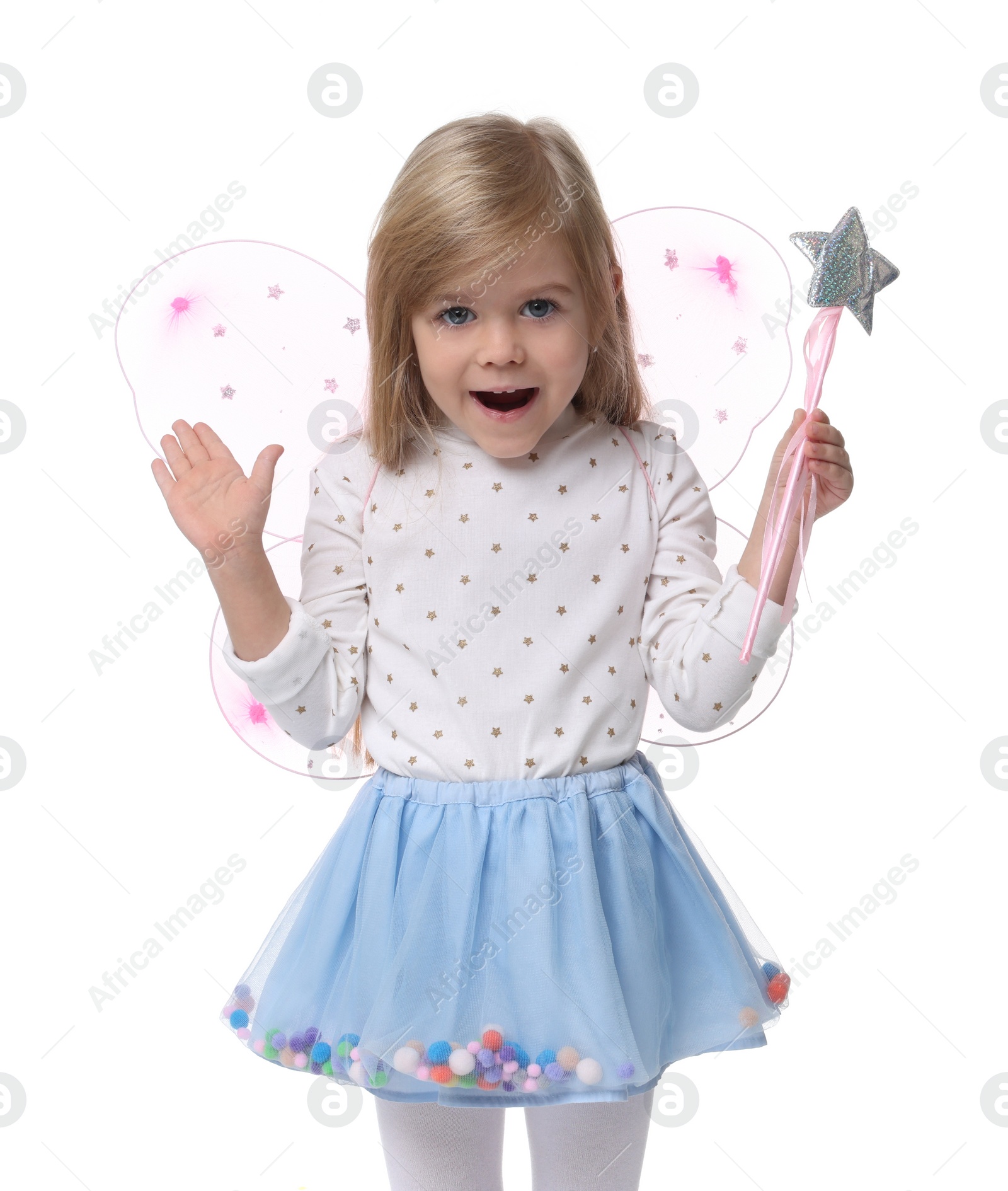Photo of Emotional little girl in fairy costume with pink wings and magic wand on white background