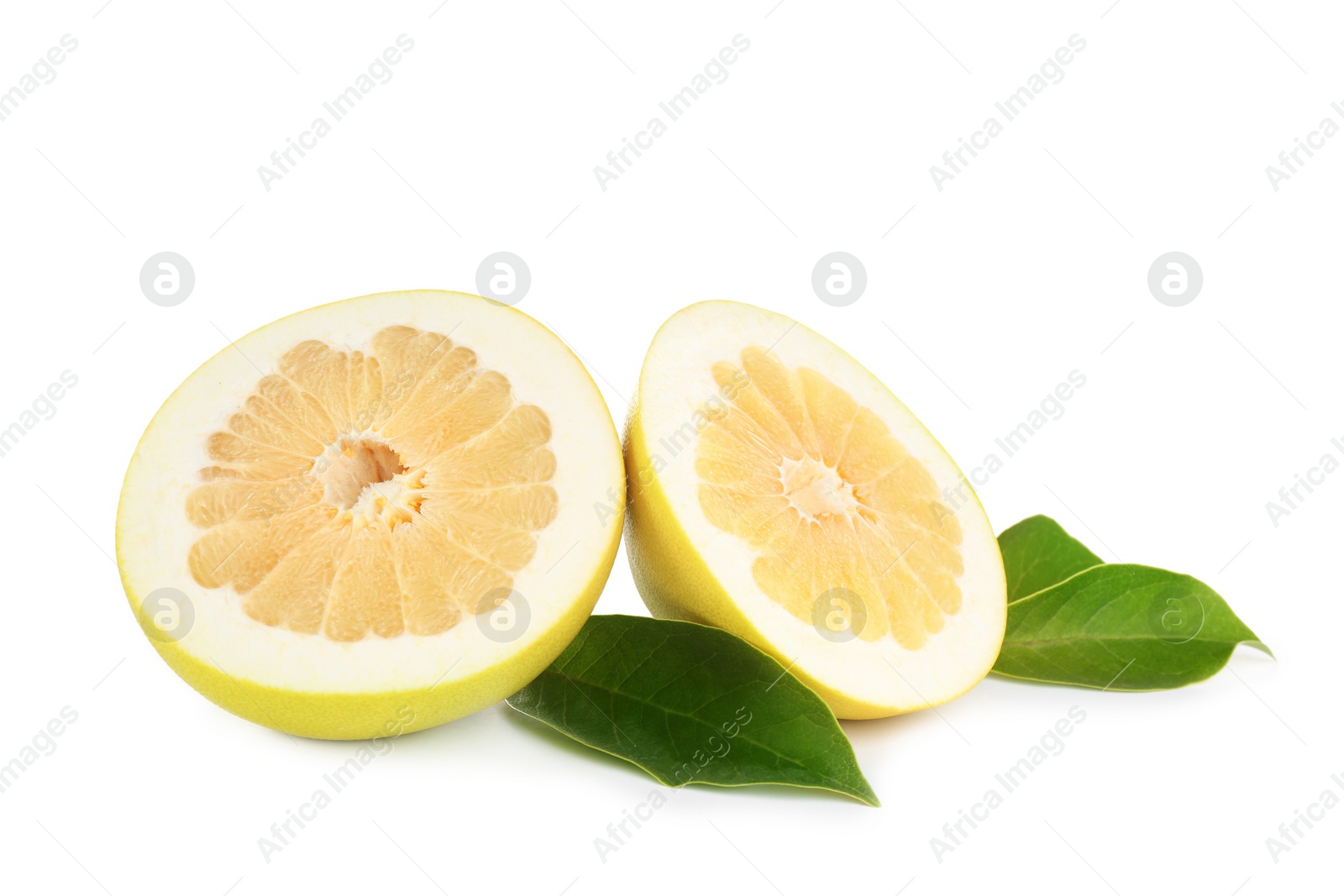 Photo of Fresh cut pomelo fruit and leaves isolated on white