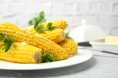 Photo of Plate of boiled corn cobs with butter and parsley on light grey table, closeup. Space for text
