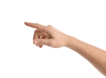 Photo of Man pointing at something on white background, closeup of hand