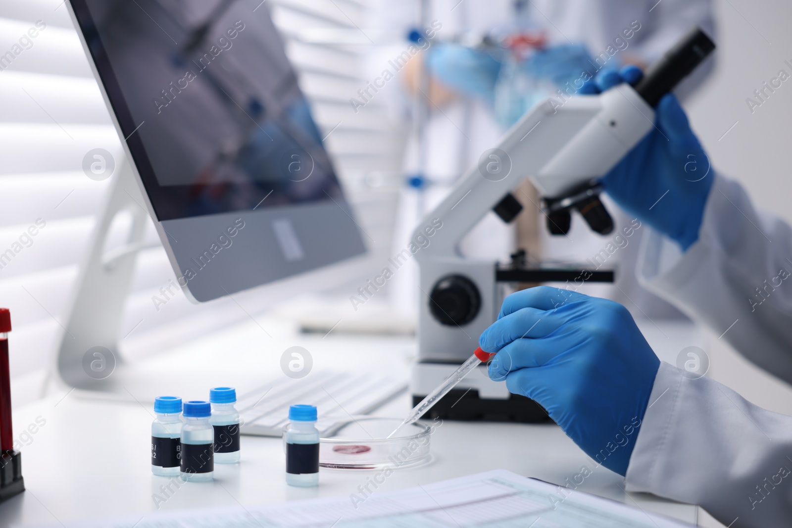 Photo of Scientists working with samples in laboratory, closeup. Medical research