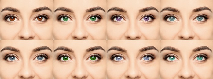 Collage with photos of woman wearing different color contact lenses, closeup. Banner design
