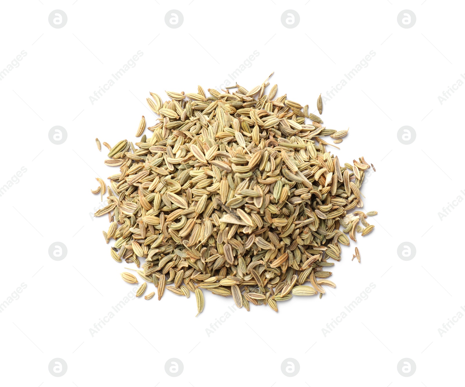 Photo of Pile of dry fennel seeds isolated on white, top view