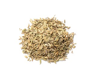 Photo of Pile of dry fennel seeds isolated on white, top view