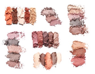 Image of Set of different crushed eye shadows on white background, top view. Nude palette