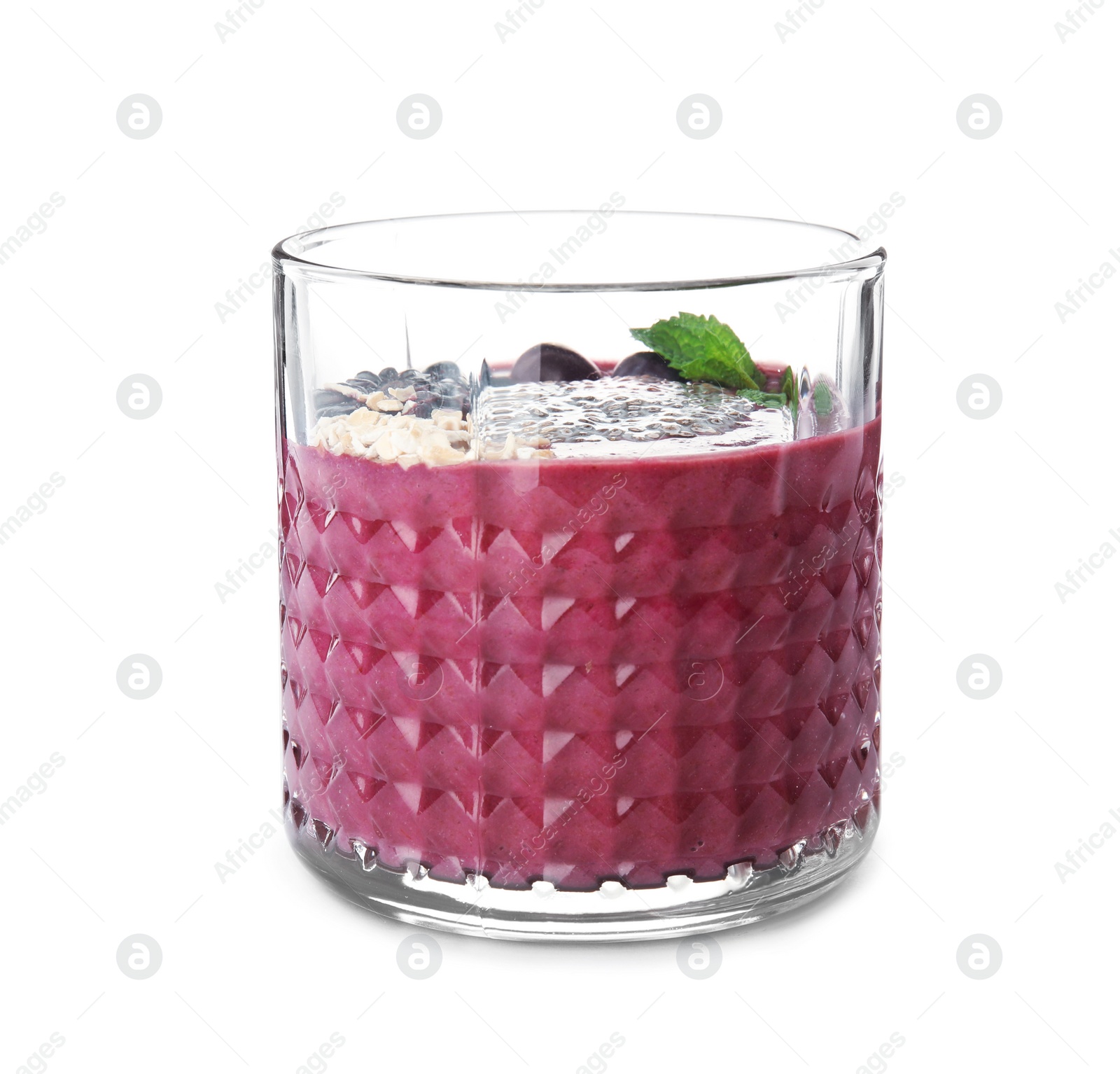 Photo of Glass with tasty acai smoothie on white background