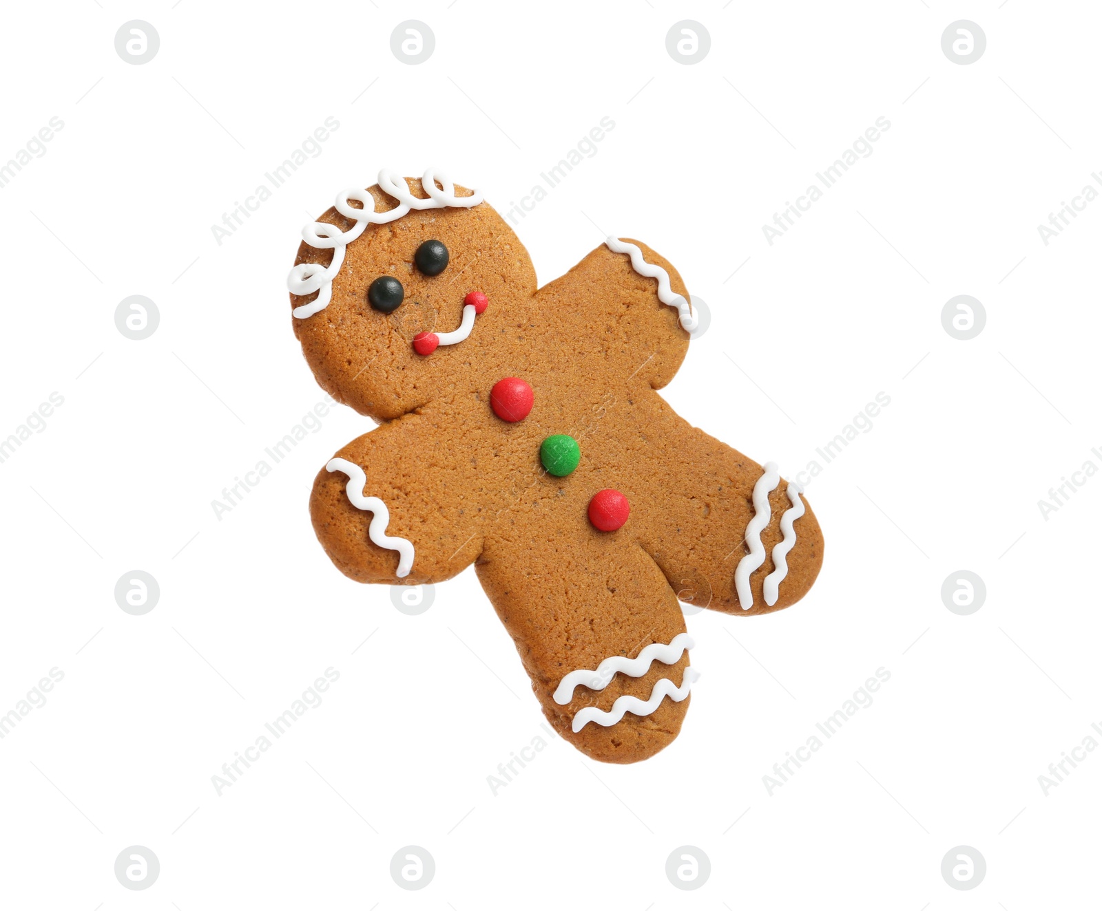 Photo of Christmas cookie in shape of gingerbread man isolated on white