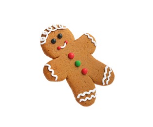 Photo of Christmas cookie in shape of gingerbread man isolated on white