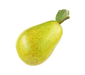 One ripe pear with leaf on white background