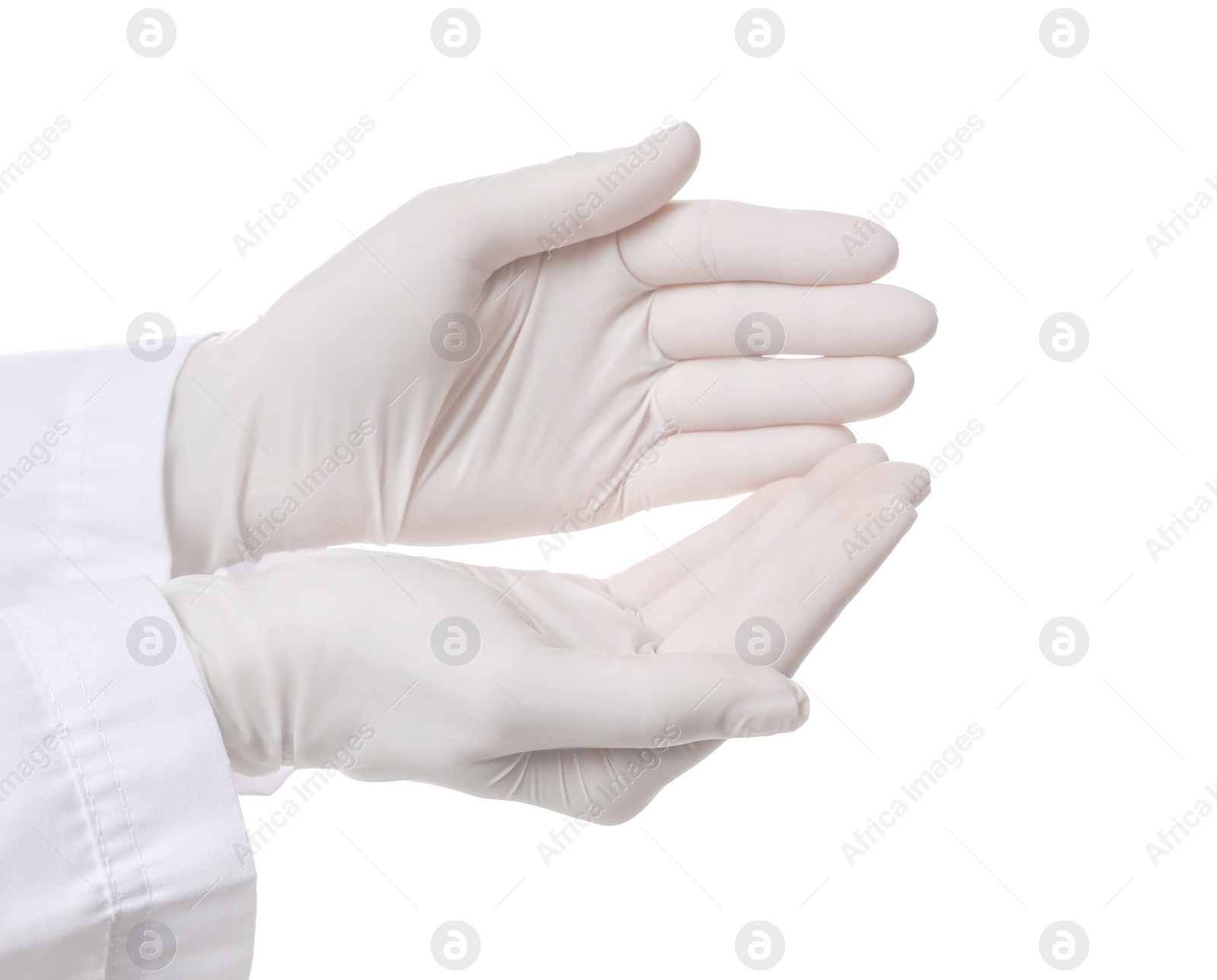 Photo of Doctor wearing medical gloves on white background, closeup