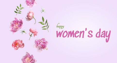 Image of Happy International Women's Day. Greeting card design with beautiful flowers on light violet background