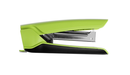 Photo of New bright stapler isolated on white. School stationery